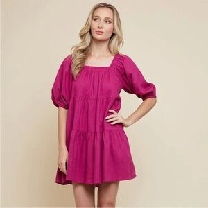 Fuchsia Square-Neck Tiered Mini Dress with Puff Sleeves